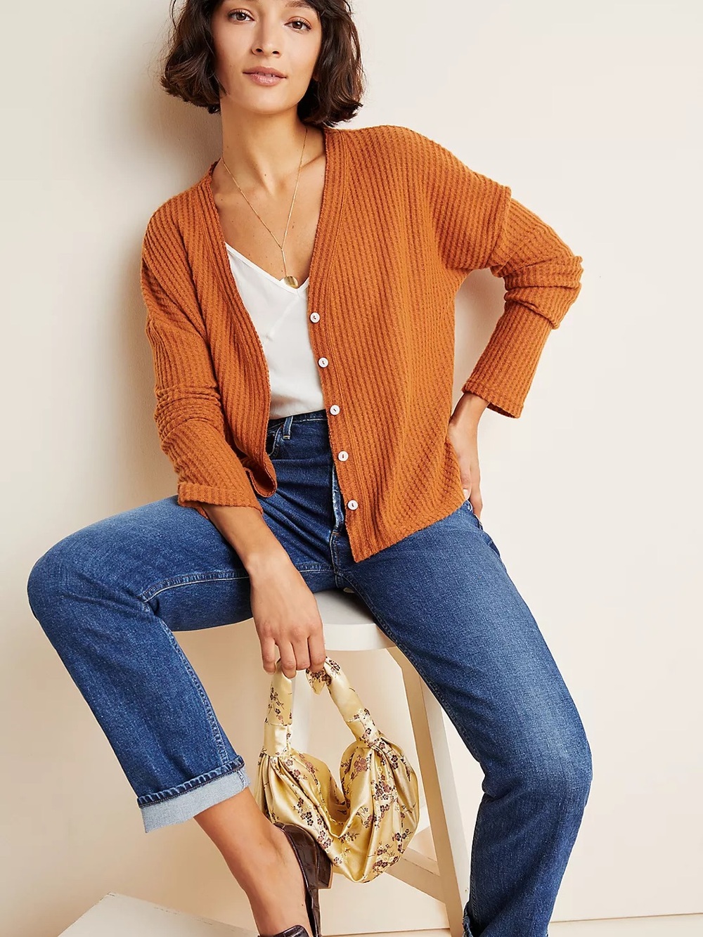 Anthropologie Melissa Cardigan Waffle-Knit Boxy Fit Raw Edge Oversize Rust Brown